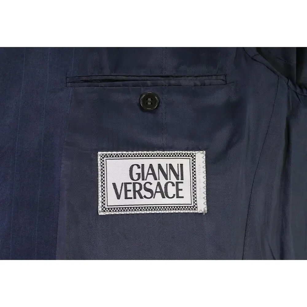 Gianni Versace Mens Vintage 90's Navy Blue Striped 100% Silk Suit 40R